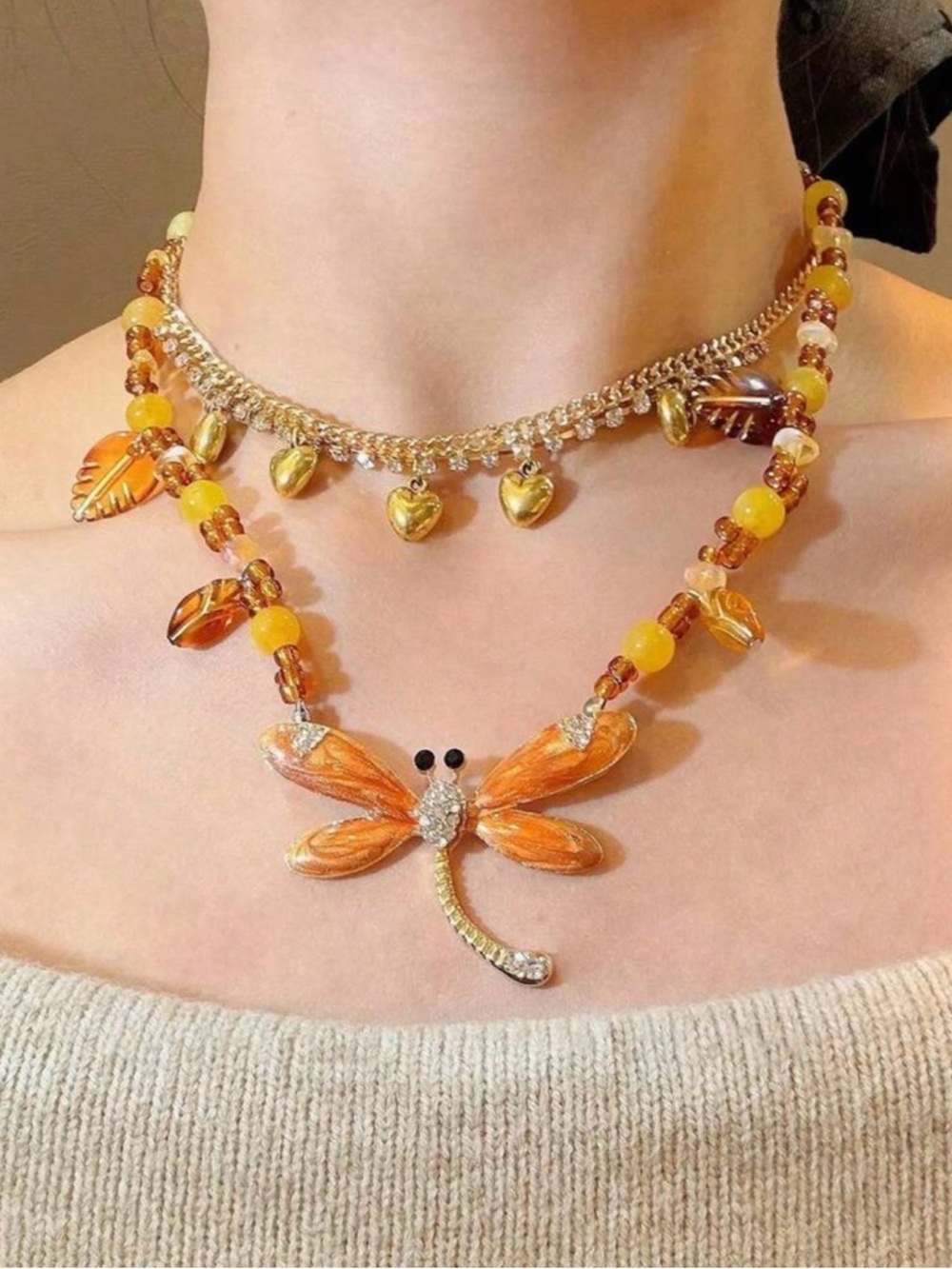 Nwt Gold & Orange Dragonfly Pendant Layered Necklace - Women Jewelry